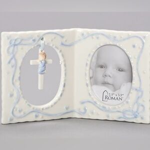 Roman Baby Boy Nursery Frame W/Cross Porcelain- 1x6x4 - Light Blue/Ivory EUC